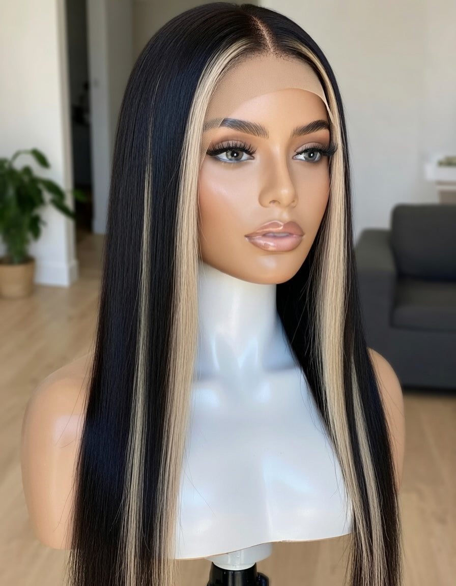 Perruque Lace Front Skunk Stripe Noir & Platine Blonde Premium