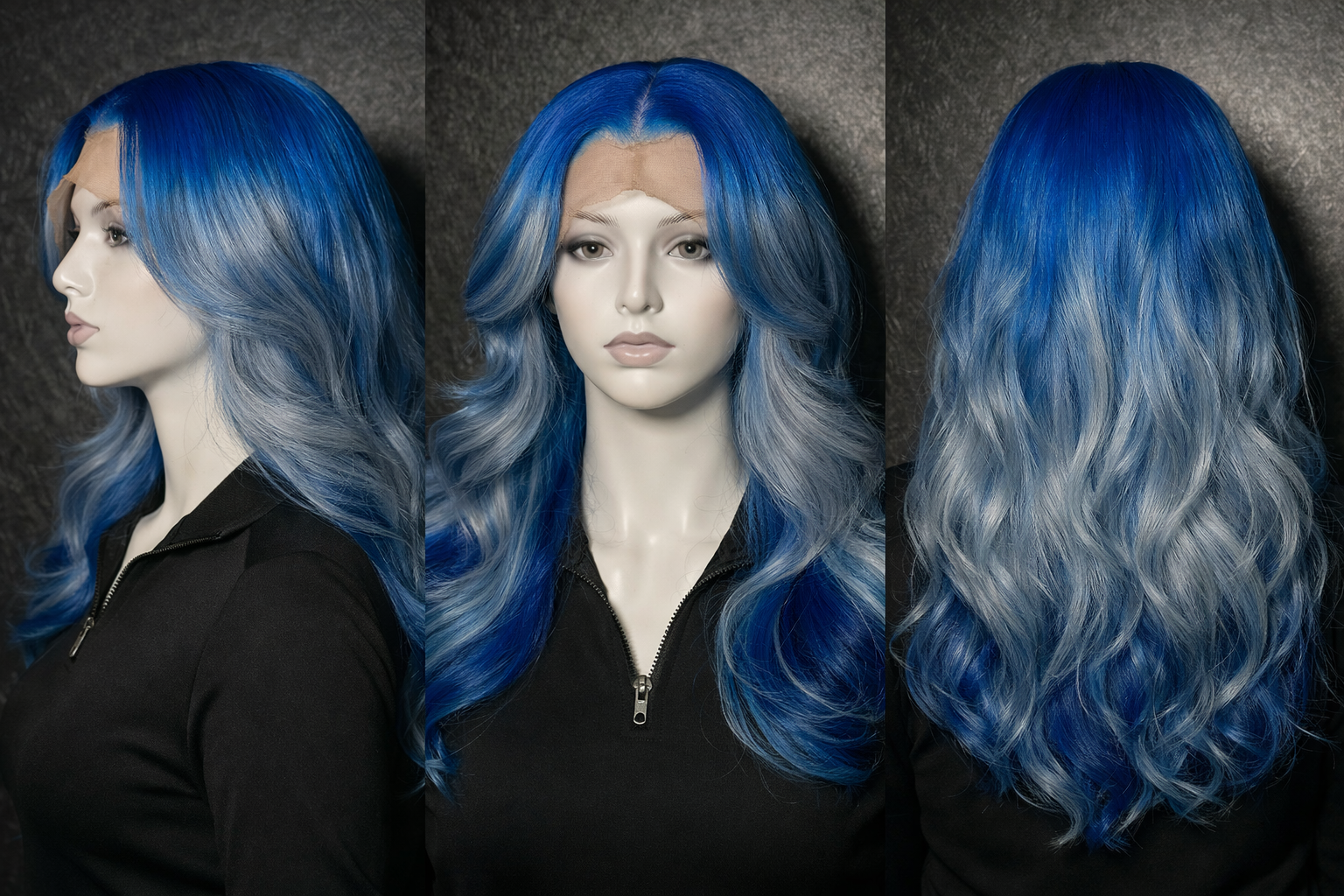 Perruque Synthétique Longue Ondulée Ombre Bleu Dégradé