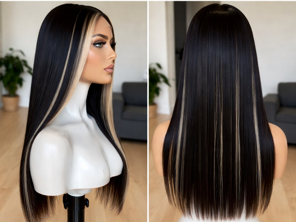 Perruque Lace Front Skunk Stripe Noir & Platine Blonde Premium