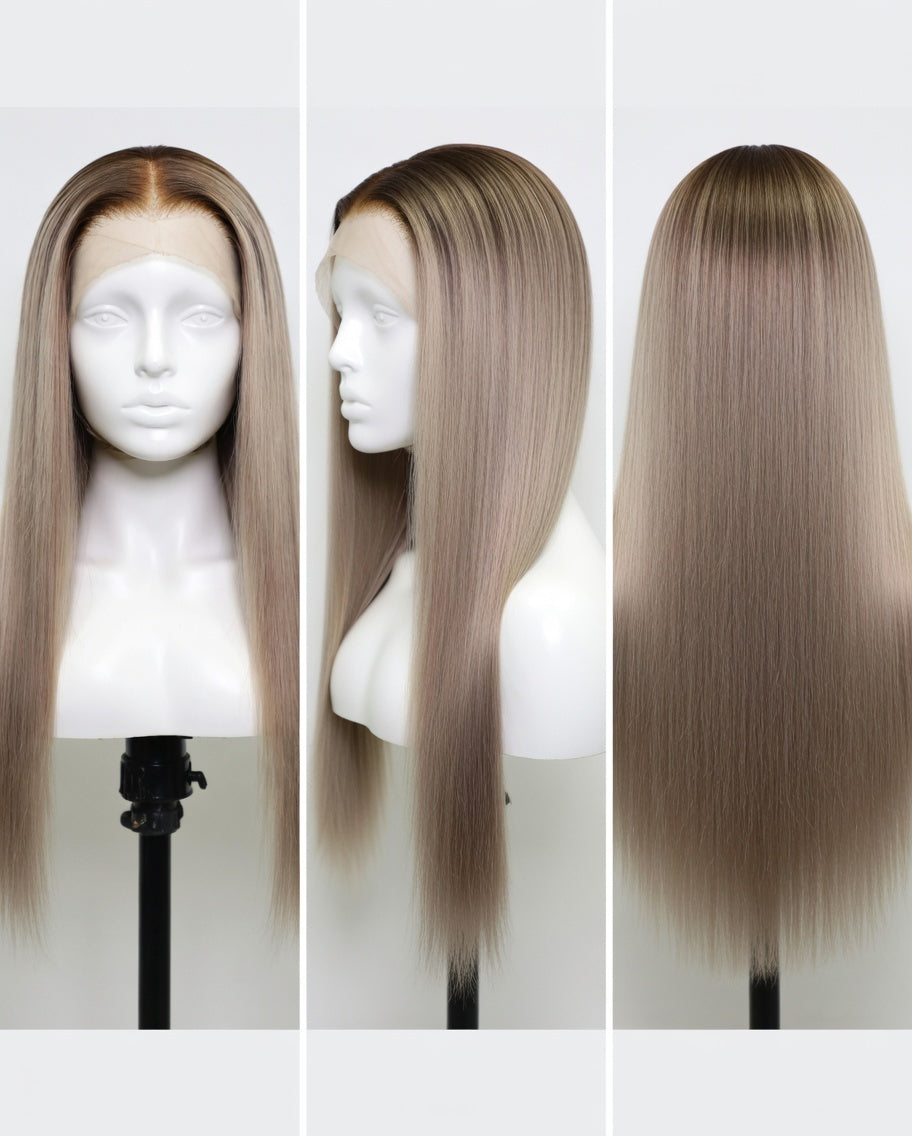 Perruque Lace Front Ombré Brun Chocolat à Blond Cendré